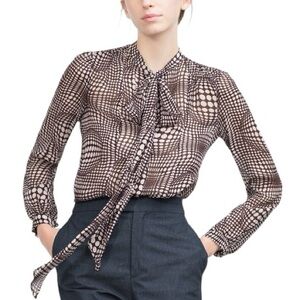 Zara Brown & Ivory Polka Dot Printed Chiffon Bow Tie Neck Pussycat Blouse - S